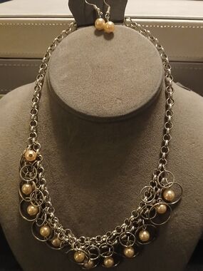 Gold Pearl Accent Multi-Ring Chain Necklace and Earrings Set